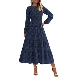 imagePRETTYGARDEN Long Sleeve Dress for Women 2026 Fall Elegant Modest Floral Boho Smocked Flowy Wedding Guest Midi DressesNavy