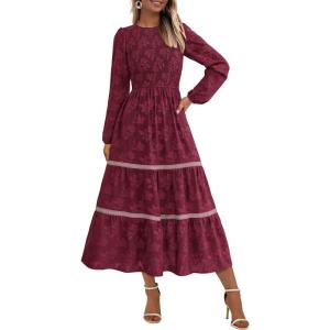 imagePRETTYGARDEN Long Sleeve Dress for Women 2026 Fall Elegant Modest Floral Boho Smocked Flowy Wedding Guest Midi DressesWine Red