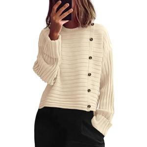 imagePRETTYGARDEN Womens Sweaters Fall 2026 Casual Long Sleeve Crewneck Button Loose Winter Knit Pullover Sweater TopsBeige