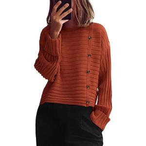imagePRETTYGARDEN Womens Sweaters Fall 2026 Casual Long Sleeve Crewneck Button Loose Winter Knit Pullover Sweater TopsRust Red