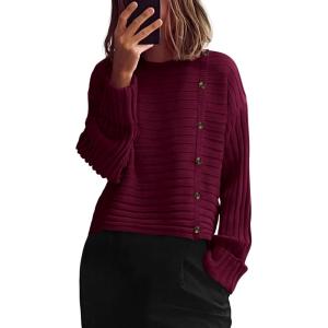 imagePRETTYGARDEN Womens Sweaters Fall 2026 Casual Long Sleeve Crewneck Button Loose Winter Knit Pullover Sweater TopsWine Red