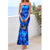 imagePRETTYGARDEN Womens Spring Dresses 2026 Sexy Strapless Tube Bodycon Mesh Ruched Floral Maxi Dress Wedding Club OutfitsBlue Floral