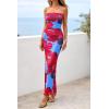 imagePRETTYGARDEN Womens Spring Dresses 2026 Sexy Strapless Tube Bodycon Mesh Ruched Floral Maxi Dress Wedding Club OutfitsBlue Red Flower