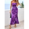 imagePRETTYGARDEN Womens Spring Dresses 2026 Sexy Strapless Tube Bodycon Mesh Ruched Floral Maxi Dress Wedding Club OutfitsFloral Purple