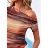 imagePRETTYGARDEN Womens Summer Off The Shoulder Tops 2026 Spring Short Sleeve Mesh Tie Dye Shirt Ruched Asymmetrical Y2k ClothesFloral Brown