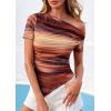 imagePRETTYGARDEN Womens Summer Off The Shoulder Tops 2026 Spring Short Sleeve Mesh Tie Dye Shirt Ruched Asymmetrical Y2k ClothesFloral Brown