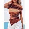 imagePRETTYGARDEN Womens Summer Off The Shoulder Tops 2026 Spring Short Sleeve Mesh Tie Dye Shirt Ruched Asymmetrical Y2k ClothesFloral Brown