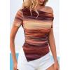 imagePRETTYGARDEN Womens Summer Off The Shoulder Tops 2026 Spring Short Sleeve Mesh Tie Dye Shirt Ruched Asymmetrical Y2k ClothesFloral Brown