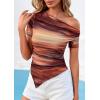 imagePRETTYGARDEN Womens Summer Off The Shoulder Tops 2026 Spring Short Sleeve Mesh Tie Dye Shirt Ruched Asymmetrical Y2k ClothesFloral Brown