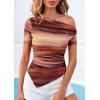 imagePRETTYGARDEN Womens Summer Off The Shoulder Tops 2026 Spring Short Sleeve Mesh Tie Dye Shirt Ruched Asymmetrical Y2k ClothesFloral Brown