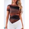 imagePRETTYGARDEN Womens Summer Off The Shoulder Tops 2026 Spring Short Sleeve Mesh Tie Dye Shirt Ruched Asymmetrical Y2k ClothesFloral Red Brown