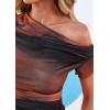 imagePRETTYGARDEN Womens Summer Off The Shoulder Tops 2026 Spring Short Sleeve Mesh Tie Dye Shirt Ruched Asymmetrical Y2k ClothesFloral Red Brown