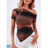 imagePRETTYGARDEN Womens Summer Off The Shoulder Tops 2026 Spring Short Sleeve Mesh Tie Dye Shirt Ruched Asymmetrical Y2k ClothesFloral Red Brown