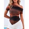 imagePRETTYGARDEN Womens Summer Off The Shoulder Tops 2026 Spring Short Sleeve Mesh Tie Dye Shirt Ruched Asymmetrical Y2k ClothesFloral Red Brown