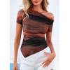 imagePRETTYGARDEN Womens Summer Off The Shoulder Tops 2026 Spring Short Sleeve Mesh Tie Dye Shirt Ruched Asymmetrical Y2k ClothesFloral Red Brown
