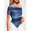 imagePRETTYGARDEN Womens Summer Off The Shoulder Tops 2026 Spring Short Sleeve Mesh Tie Dye Shirt Ruched Asymmetrical Y2k ClothesGradient Blue