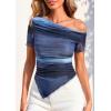imagePRETTYGARDEN Womens Summer Off The Shoulder Tops 2026 Spring Short Sleeve Mesh Tie Dye Shirt Ruched Asymmetrical Y2k ClothesGradient Blue