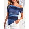 imagePRETTYGARDEN Womens Summer Off The Shoulder Tops 2026 Spring Short Sleeve Mesh Tie Dye Shirt Ruched Asymmetrical Y2k ClothesGradient Blue