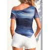 imagePRETTYGARDEN Womens Summer Off The Shoulder Tops 2026 Spring Short Sleeve Mesh Tie Dye Shirt Ruched Asymmetrical Y2k ClothesGradient Blue