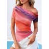 imagePRETTYGARDEN Womens Summer Off The Shoulder Tops 2026 Spring Short Sleeve Mesh Tie Dye Shirt Ruched Asymmetrical Y2k ClothesMulticolour Print