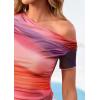 imagePRETTYGARDEN Womens Summer Off The Shoulder Tops 2026 Spring Short Sleeve Mesh Tie Dye Shirt Ruched Asymmetrical Y2k ClothesMulticolour Print