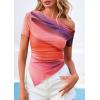 imagePRETTYGARDEN Womens Summer Off The Shoulder Tops 2026 Spring Short Sleeve Mesh Tie Dye Shirt Ruched Asymmetrical Y2k ClothesMulticolour Print