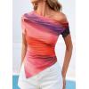 imagePRETTYGARDEN Womens Summer Off The Shoulder Tops 2026 Spring Short Sleeve Mesh Tie Dye Shirt Ruched Asymmetrical Y2k ClothesMulticolour Print
