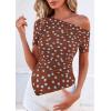 imagePRETTYGARDEN Womens Summer Off The Shoulder Tops 2026 Spring Short Sleeve Mesh Tie Dye Shirt Ruched Asymmetrical Y2k ClothesPolka Dot Brown