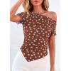 imagePRETTYGARDEN Womens Summer Off The Shoulder Tops 2026 Spring Short Sleeve Mesh Tie Dye Shirt Ruched Asymmetrical Y2k ClothesPolka Dot Brown