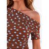imagePRETTYGARDEN Womens Summer Off The Shoulder Tops 2026 Spring Short Sleeve Mesh Tie Dye Shirt Ruched Asymmetrical Y2k ClothesPolka Dot Brown