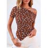 imagePRETTYGARDEN Womens Summer Off The Shoulder Tops 2026 Spring Short Sleeve Mesh Tie Dye Shirt Ruched Asymmetrical Y2k ClothesPolka Dot Brown