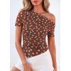 imagePRETTYGARDEN Womens Summer Off The Shoulder Tops 2026 Spring Short Sleeve Mesh Tie Dye Shirt Ruched Asymmetrical Y2k ClothesPolka Dot Brown