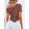 imagePRETTYGARDEN Womens Summer Off The Shoulder Tops 2026 Spring Short Sleeve Mesh Tie Dye Shirt Ruched Asymmetrical Y2k ClothesPolka Dot Brown