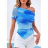 imagePRETTYGARDEN Womens Summer Off The Shoulder Tops 2026 Spring Short Sleeve Mesh Tie Dye Shirt Ruched Asymmetrical Y2k ClothesWatercolor Light Blue