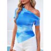 imagePRETTYGARDEN Womens Summer Off The Shoulder Tops 2026 Spring Short Sleeve Mesh Tie Dye Shirt Ruched Asymmetrical Y2k ClothesWatercolor Light Blue