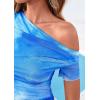 imagePRETTYGARDEN Womens Summer Off The Shoulder Tops 2026 Spring Short Sleeve Mesh Tie Dye Shirt Ruched Asymmetrical Y2k ClothesWatercolor Light Blue