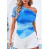 imagePRETTYGARDEN Womens Summer Off The Shoulder Tops 2026 Spring Short Sleeve Mesh Tie Dye Shirt Ruched Asymmetrical Y2k ClothesWatercolor Light Blue