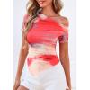 imagePRETTYGARDEN Womens Summer Off The Shoulder Tops 2026 Spring Short Sleeve Mesh Tie Dye Shirt Ruched Asymmetrical Y2k ClothesWatercolor Pink