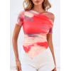 imagePRETTYGARDEN Womens Summer Off The Shoulder Tops 2026 Spring Short Sleeve Mesh Tie Dye Shirt Ruched Asymmetrical Y2k ClothesWatercolor Pink