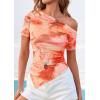 imagePRETTYGARDEN Womens Summer Off The Shoulder Tops 2026 Spring Short Sleeve Mesh Tie Dye Shirt Ruched Asymmetrical Y2k ClothesWatercolour Orange