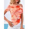 imagePRETTYGARDEN Womens Summer Off The Shoulder Tops 2026 Spring Short Sleeve Mesh Tie Dye Shirt Ruched Asymmetrical Y2k ClothesWatercolour Orange