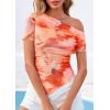 imagePRETTYGARDEN Womens Summer Off The Shoulder Tops 2026 Spring Short Sleeve Mesh Tie Dye Shirt Ruched Asymmetrical Y2k ClothesWatercolour Orange
