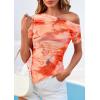 imagePRETTYGARDEN Womens Summer Off The Shoulder Tops 2026 Spring Short Sleeve Mesh Tie Dye Shirt Ruched Asymmetrical Y2k ClothesWatercolour Orange