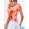 imagePRETTYGARDEN Womens Summer Off The Shoulder Tops 2026 Spring Short Sleeve Mesh Tie Dye Shirt Ruched Asymmetrical Y2k ClothesWatercolour Orange