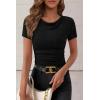 imagePRETTYGARDEN Womens Summer Tops 2026 Cute Cowl Neck Short Sleeve TShirts Ribbed Knit Fitted Spring Ruched Crop TopBlack