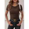 imagePRETTYGARDEN Womens Summer Tops 2026 Cute Cowl Neck Short Sleeve TShirts Ribbed Knit Fitted Spring Ruched Crop TopBrown