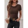 imagePRETTYGARDEN Womens Summer Tops 2026 Cute Cowl Neck Short Sleeve TShirts Ribbed Knit Fitted Spring Ruched Crop TopBrown
