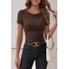imagePRETTYGARDEN Womens Summer Tops 2026 Cute Cowl Neck Short Sleeve TShirts Ribbed Knit Fitted Spring Ruched Crop TopBrown