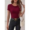 imagePRETTYGARDEN Womens Summer Tops 2026 Cute Cowl Neck Short Sleeve TShirts Ribbed Knit Fitted Spring Ruched Crop TopBurgundy