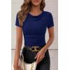 imagePRETTYGARDEN Womens Summer Tops 2026 Cute Cowl Neck Short Sleeve TShirts Ribbed Knit Fitted Spring Ruched Crop TopNavy Blue
